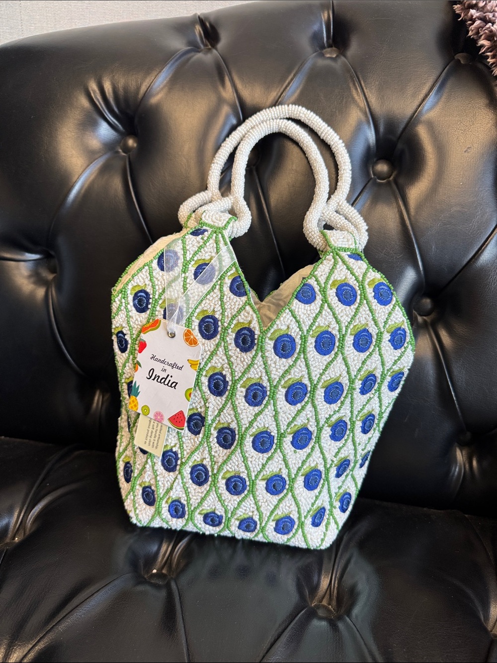 Handcrafted White Tote with Blue & Green Beadwork - India